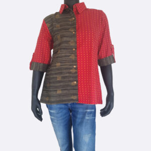 Red and steel grey half and half top