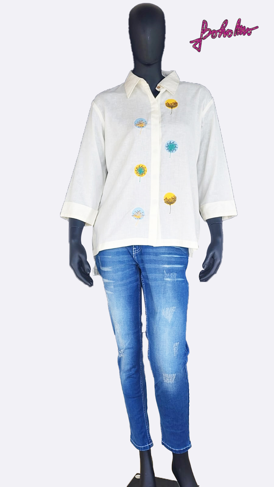 White Shirt with Dandelion Applique_1